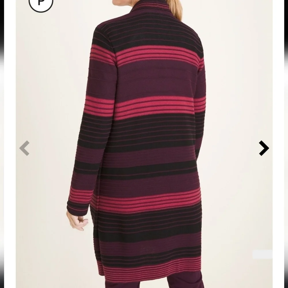 Chico's Cotton Rayon Knit Black Fuchsia  Purple Stripe Open Front Long Cardigan